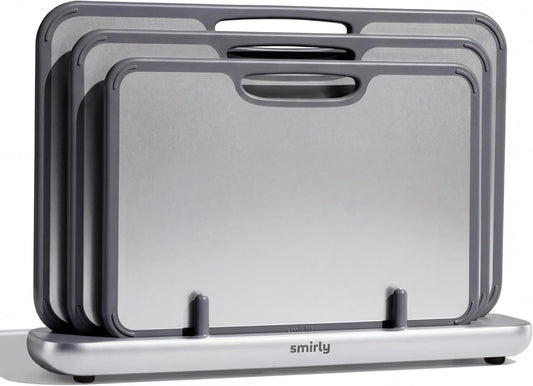 SMIRLY Titanium Cutting Board for Kitchen, Double Sided Chopping Board Set with Holder, Pure Titanium, 3 Pack (Silver)