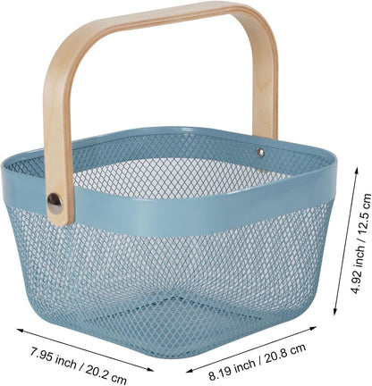 AJIODA Metal Mesh Wire Basket, Large Steel Basket with Wooden Handle Storage Organizer Basket Multi-functional Hanging Kitchen Baskets Fruit Baskets for Kitchen Bathroom Cabinet Pantry Snacks, Black