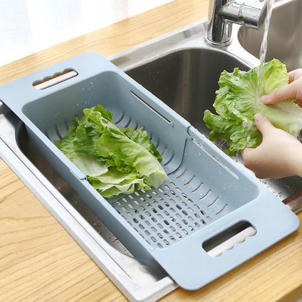 Garneck Expandable over Sink Vegetable Strainer Basket, Blue Plastic Fruit Washing and Draining Colander for Kitchen Sink, Adjustable Fruit Drain Basket for Vegetable Rinsing and Drying