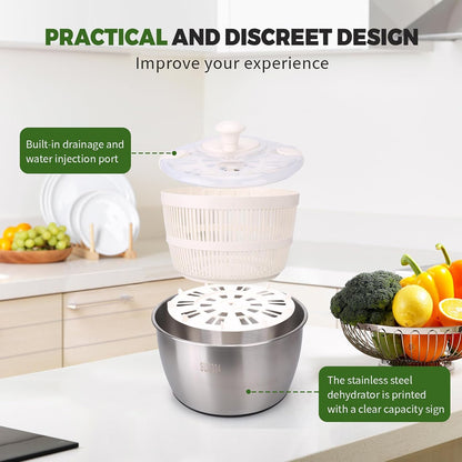 Stainless Steel Salad Spinner, 5 Quart Lettuce Washer Dryer Bowl for Greens | 5 quart stainless steel salad spinner helps wash and dry lettuce, greens and vegetables with bowl for daily kitchen prep use