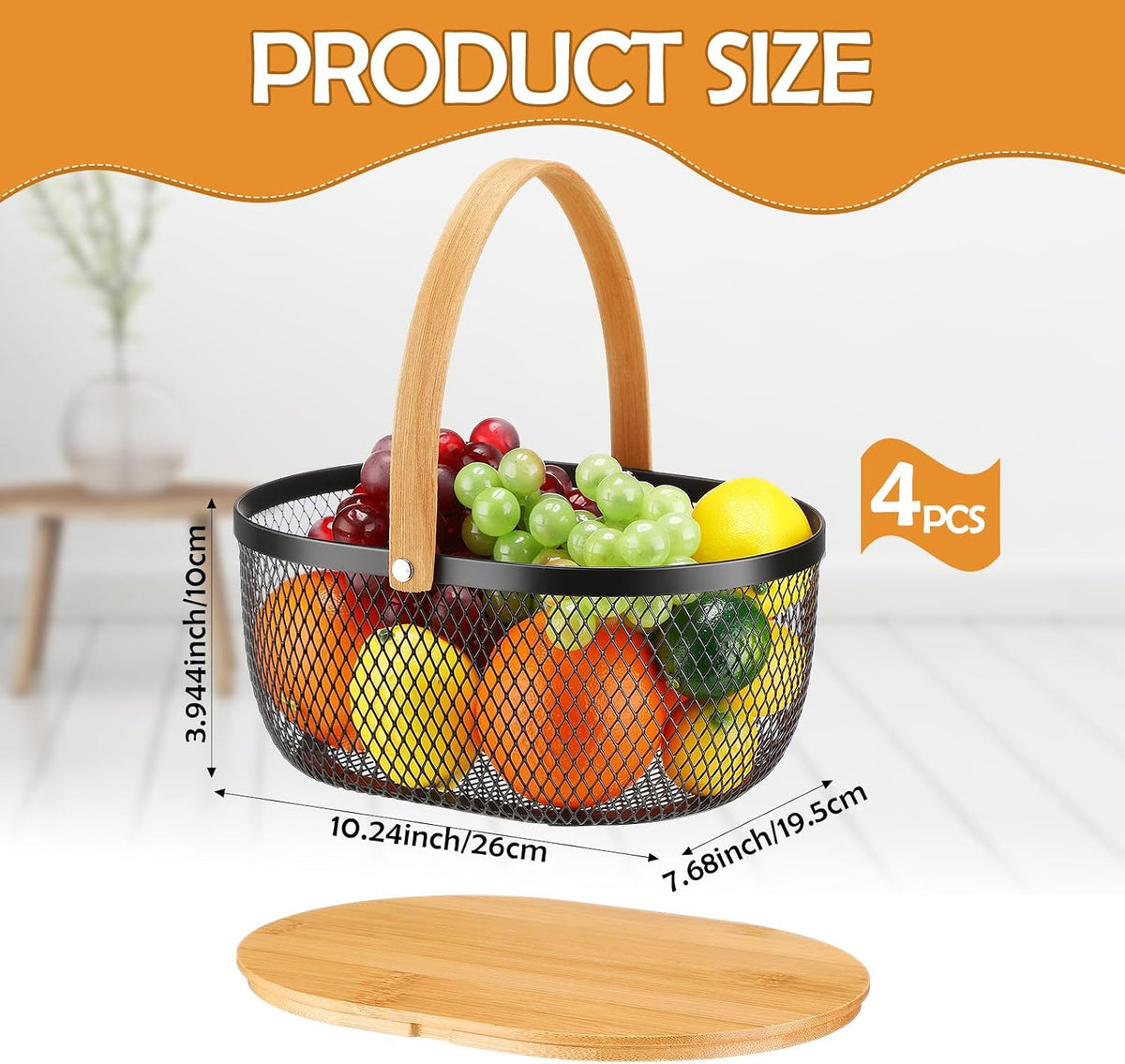 4 Pcs Stackable Metal Mesh Fruit Basket with Lid Oval Wire Mesh Storage Basket with Handle 10 x 7 x 3.9 Inch Stackable Wire Baskets Pantry Organizer for Fruit Vegetable Kitchen, Black