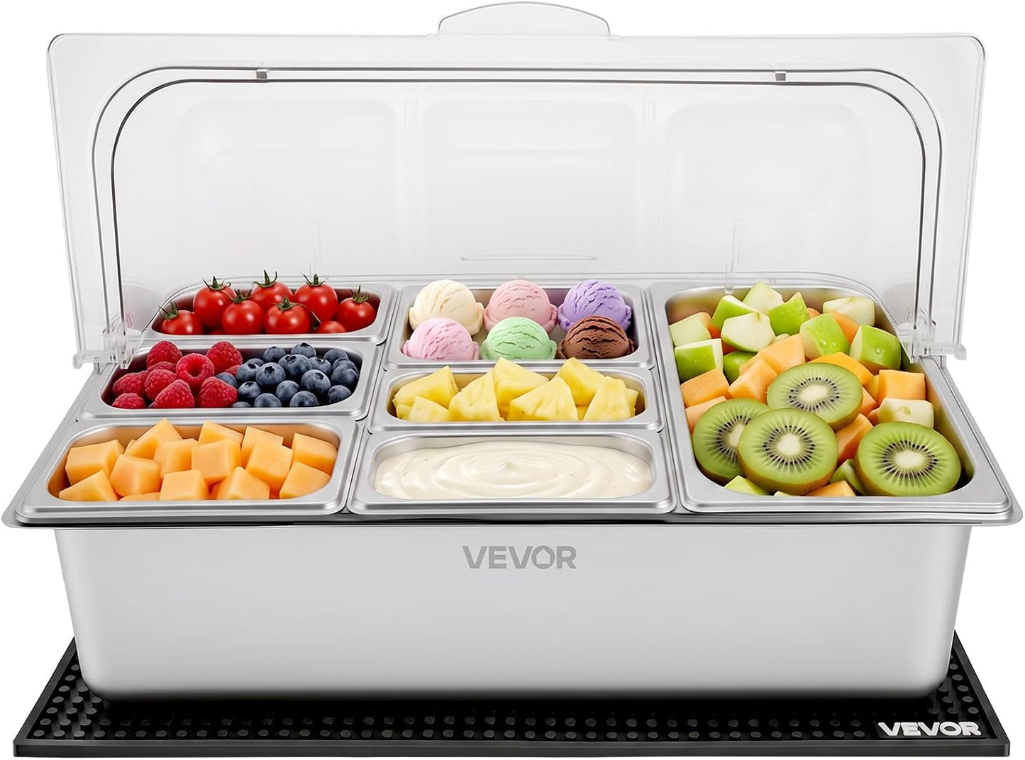 VEVOR Chilled Condiment Server Caddy, 5 Compartment Ice Cooled Serving Container, Plastic Fruit Garnish Tray Platter with Lid, for Taco Salad Bar Accessories, Party Home Restaurant Supplies