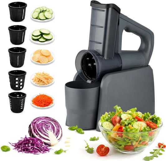 Electric Grater Vegetable Spiralizer, 5-in-1 Slicer For Home Kitchen, One-Touch Operation with Safety Push Bar, Salad Shooter for Zucchini, Carrots, Vegetables