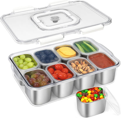 FANCILLA Snackle Box Container, 8 Compartment Stainless Steel Divided Serving Tray with Lid and Handle - Dishwasher Safe Clear Travel Party Snack Box, Versatile for Fruit Candy Nuts Veggie