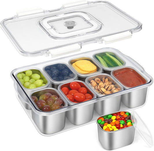 FANCILLA Snackle Box Container, 8 Compartment Stainless Steel Divided Serving Tray with Lid and Handle - Dishwasher Safe Clear Travel Party Snack Box, Versatile for Fruit Candy Nuts Veggie