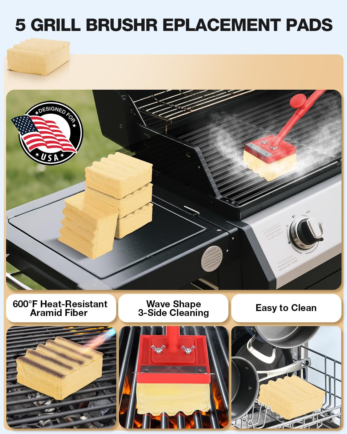 Grill Brush, Bristle Free, Safe Wire Bristles Steam Cleaning Brush, Cleaning Kit for Outdoor Grill, BBQ Cleaner Accessories, 2 Replacement Heads（Bristle Free & Wire Bristles）