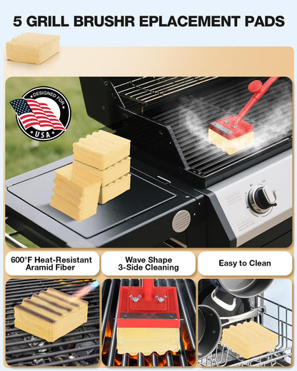 Grill Brush, Bristle Free, Safe Wire Bristles Steam Cleaning Brush, Cleaning Kit for Outdoor Grill, BBQ Cleaner Accessories, 2 Replacement Heads（Bristle Free & Wire Bristles）