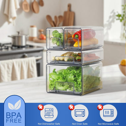Pull Out Clear Fridge Organizer Drawers with Drainer, Refrigerator Stackable Storage Bins for Kitchen Fruit & Veggie Organization (Complete Set)