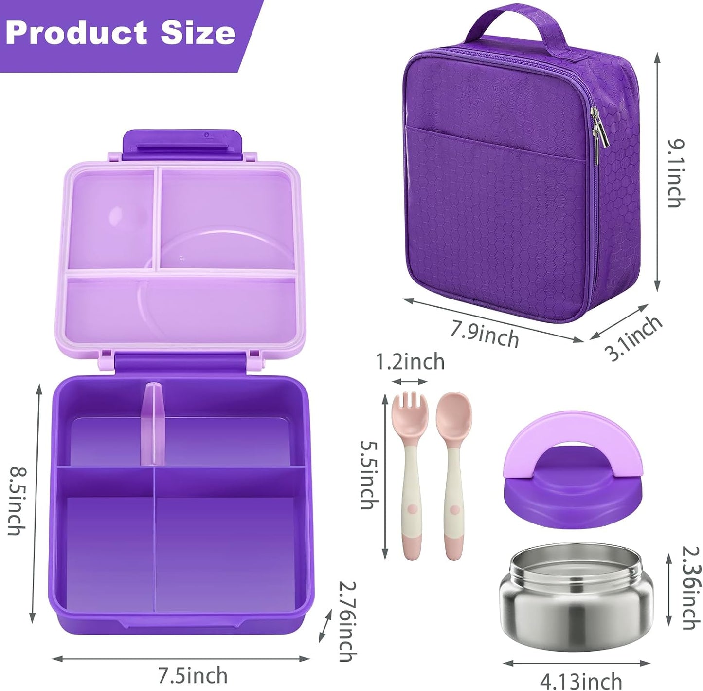 Bento Lunch Box Set for Kids with 8oz Soup Thermo, Leak-Proof Lunch Containers with 4 Compartment, Kids Thermo Hot Food Jar and Insulated Lunch Bag for Kid to School-Black
