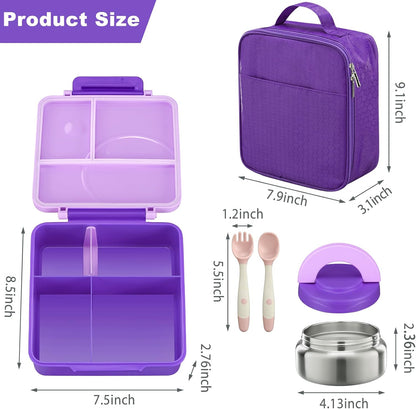 Bento Lunch Box Set for Kids with 8oz Soup Thermo, Leak-Proof Lunch Containers with 4 Compartment, Kids Thermo Hot Food Jar and Insulated Lunch Bag for Kid to School-Black