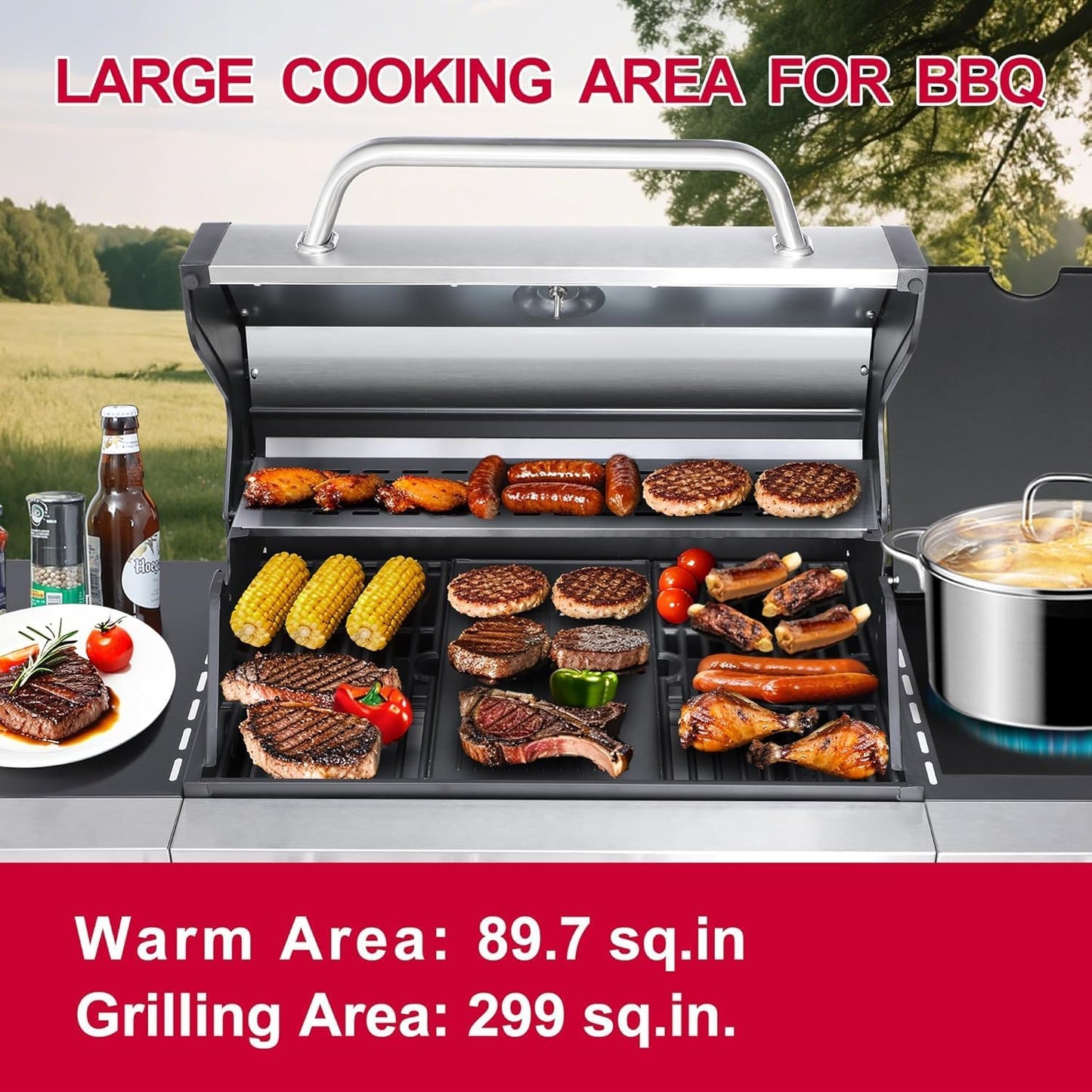 6-Burner BBQ Grill with Side Burner - 69,000 BTU Propane Gas Grill with Cast Iron Grate, Stainless Steel - 620 Sq. In. Cooking Area Cabinet Style Outdoor Grill for Barbecue & Backyard