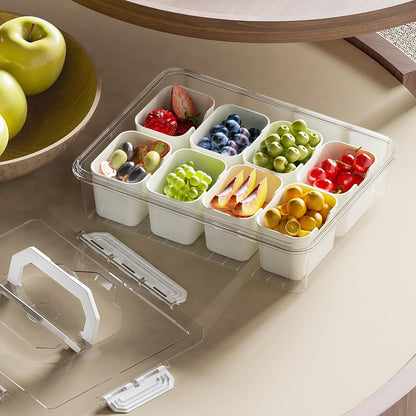 REBECAT Divided Serving Tray with Lid and Handles 9 Compartments Snack Box Container Charcuterie Organizer Snackle Box Container for Candy,Nuts，Fruits,Snacks,2 Pack,Beige
