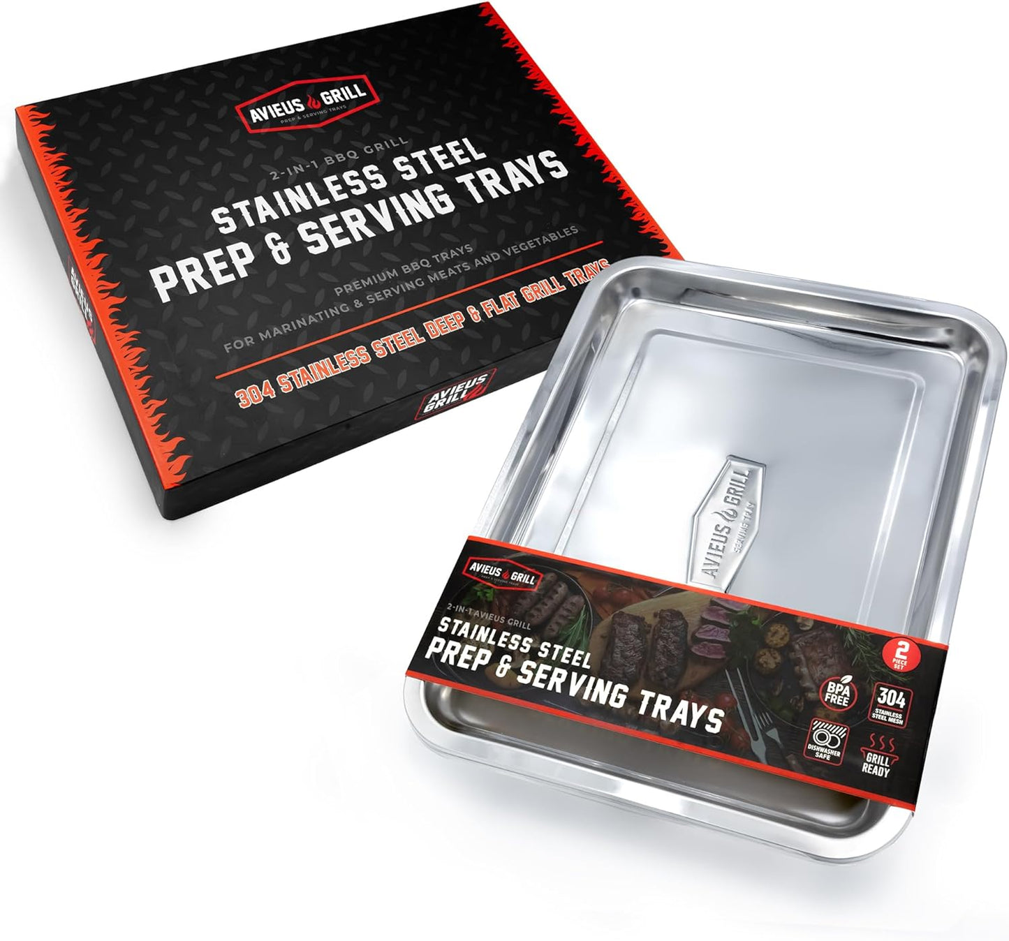 AVIEUS Grill Prep and Serve Trays | Set of 2 Stackable, Melamine Trays | Serving Tray & Marinating Tray | Serving Platter for Plating Food & BBQ Prep Tub for Marinating Meats | Grill Accessories |