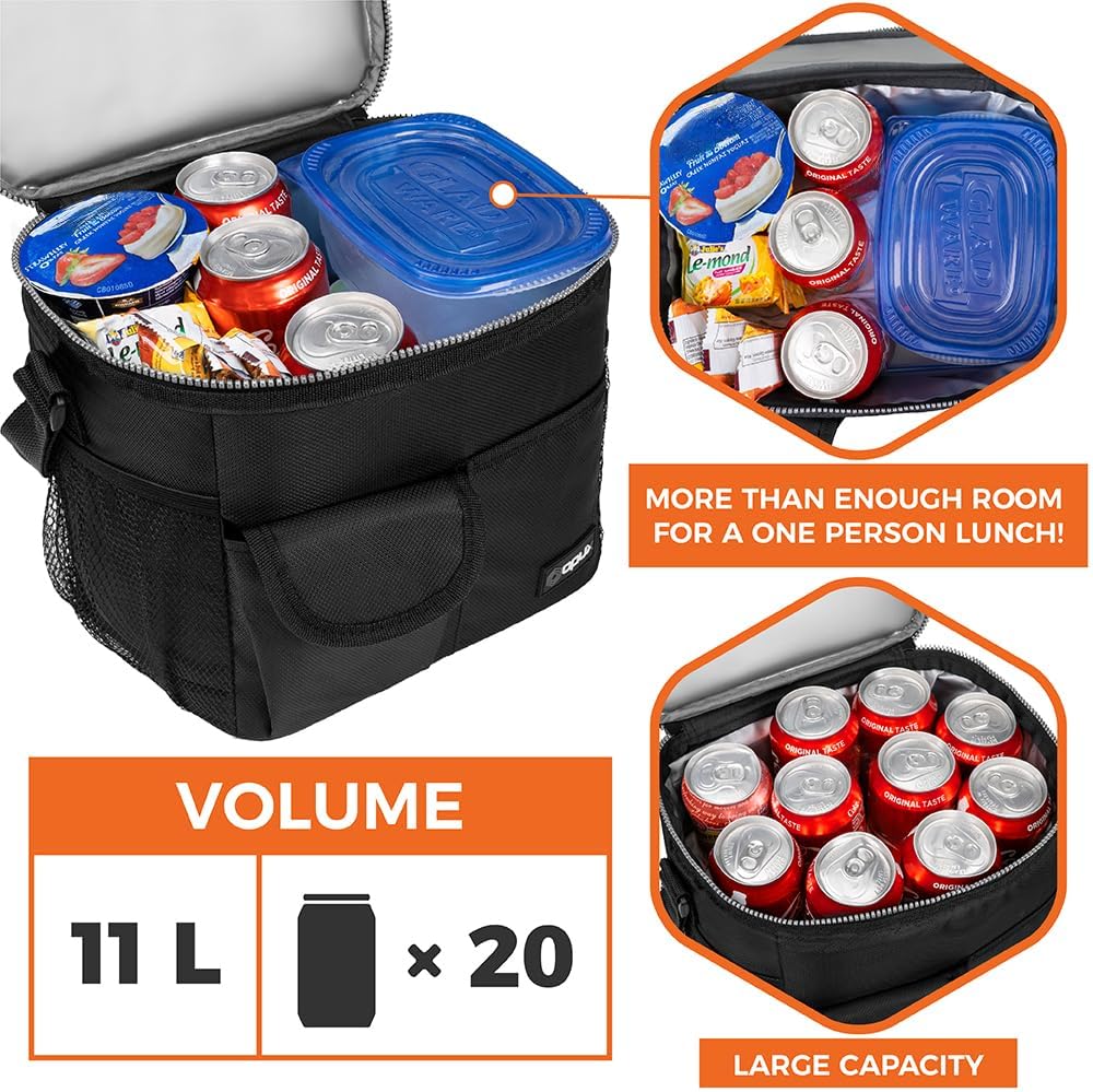 opux Insulated Lunch Bag for Men Women, Leakproof Black Lunch Box for Work, Portable Soft Lunch Cooler Bag with Shoulder Strap, Adult Lunchbox Lunch Pail for Kid Boy Girl School, 14 Can/8L