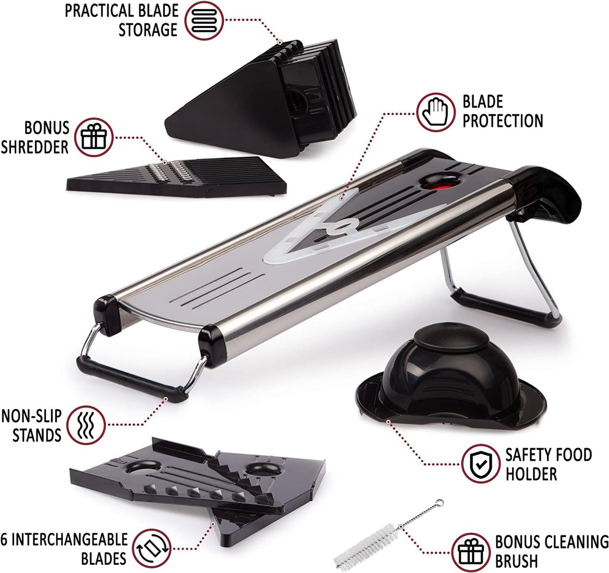 V Blade Stainless Steel Mandoline Slicer - Fruit and Food Slicer, Vegetable Cutter, Cheese Grater - Vegetable Julienne Slicer with Surgical Grade Stainless Steel Blades - Includes 6 Different Inserts
