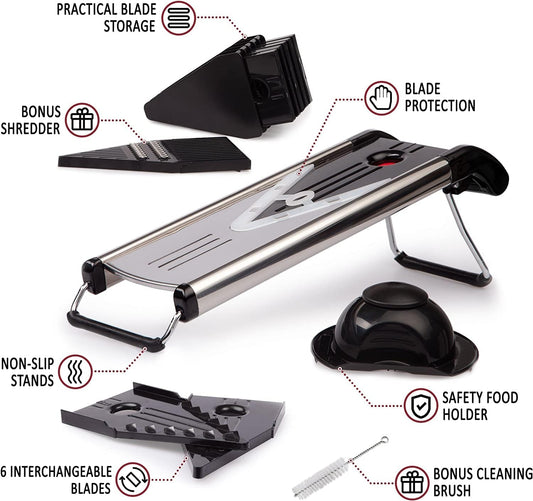 V Blade Stainless Steel Mandoline Slicer - Fruit and Food Slicer, Vegetable Cutter, Cheese Grater - Vegetable Julienne Slicer with Surgical Grade Stainless Steel Blades - Includes 6 Different Inserts