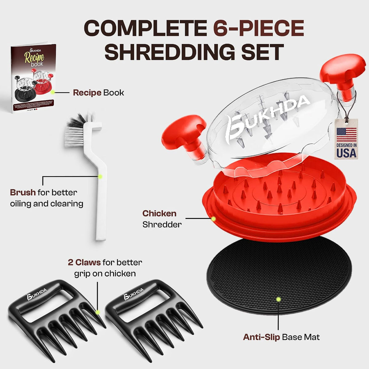 Premium 10" Chicken Shredder Tool with Twist Handle & Meat Claws, Heavy Duty Meat Shredder for Chicken Breast, Beef & Mutton, BPA-Free, Non-Slip Base Mat, Ergonomic Grip, Cleaning Brush & Clear Lid
