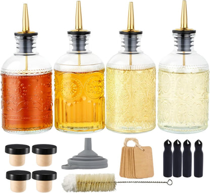 Simple Syrup Bottles Set of 4, Glass Coffee Syrup Dispenser Bottles 7 OZ With Metal Pour Spout, Labels and Stopper, Glass Syrup Dispenser for Maple Honey Syrup Oil and Sauces, LC004 (4 Pack)