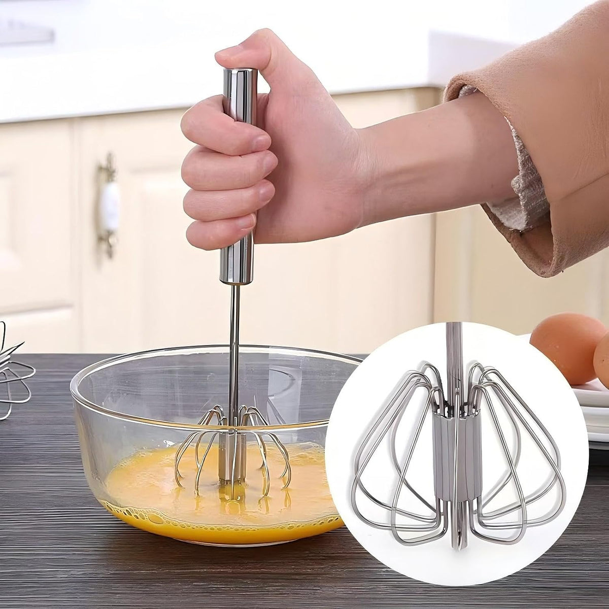 3 Pack Stainless Steel Egg Whisk, Hand Push Rotary Whisk Blender, Versatile Easy Whisk, Hand Push Mixer Stirrer for Beating Eggs, Frothing Milk, Blending, Mixing, Whipping Smoothies & Shakes