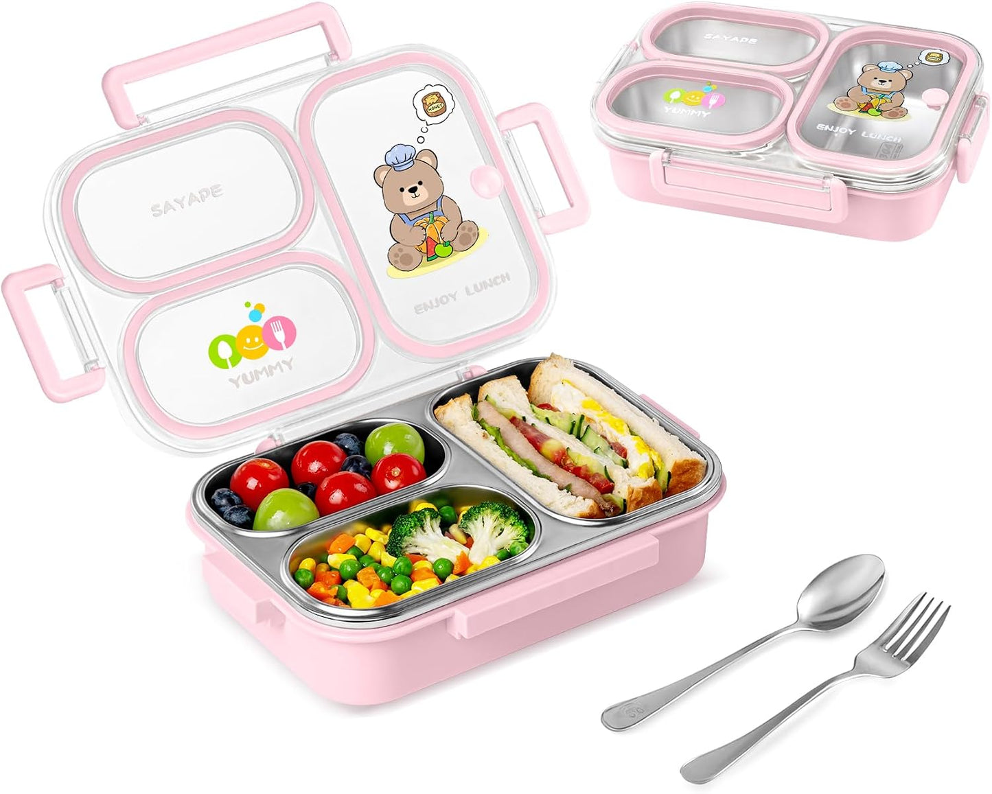 Stainless Steel Bento Lunch Box for Kids, 26.4 oz Leak-Proof 3-Compartment Metal Bento Box, BPA-Free, Cute Cartoon Meal Prep Snack Container with Utensils for School, Office, Travel - Pink
