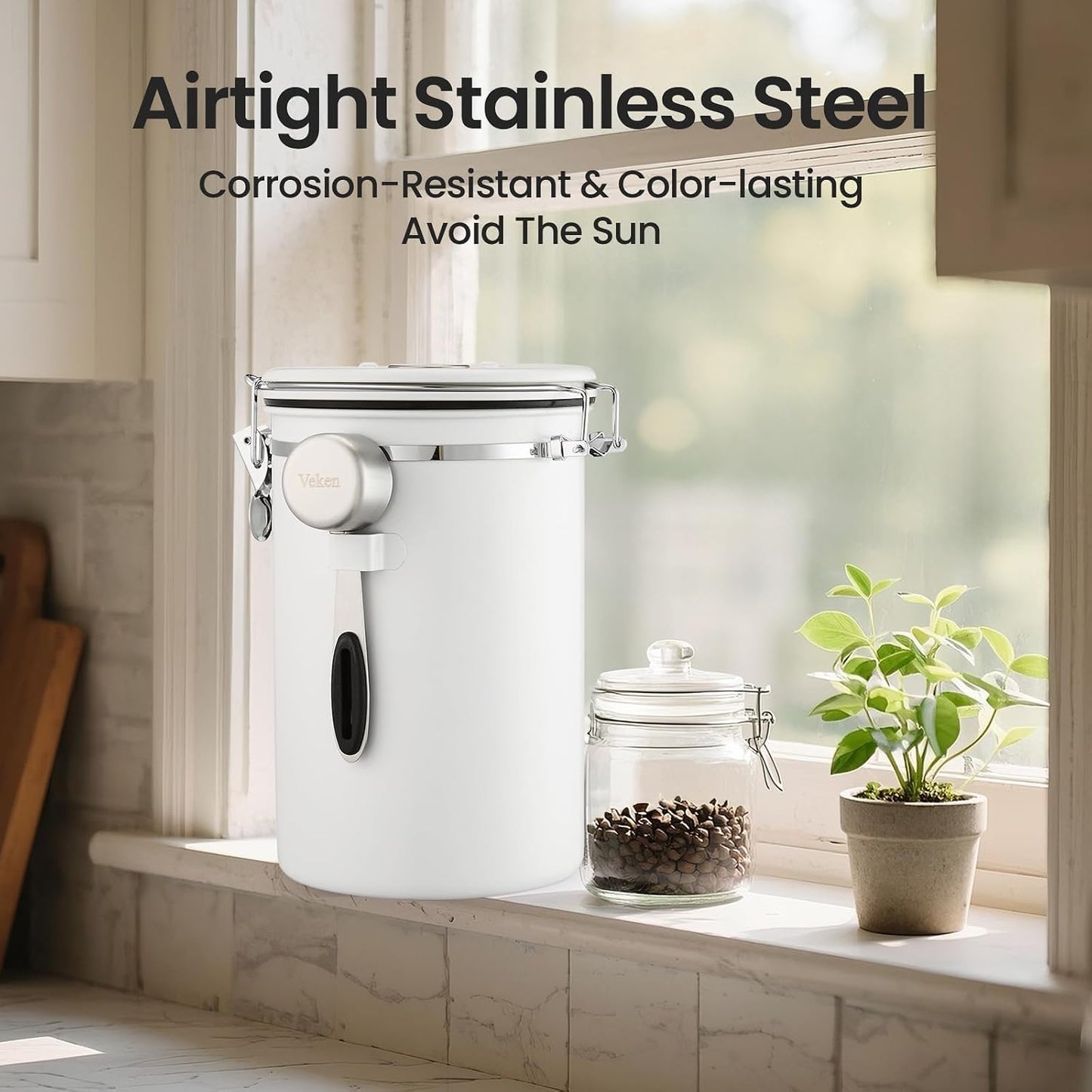 Veken Coffee Canister with Window, Family Choice Awards Winner, Airtight Stainless Steel Home Kitchen Food Storage Container with Lids for Grounds, Beans, Tea, Flour,Cereal,Sugar Jars,Scoop,16OZ,Black