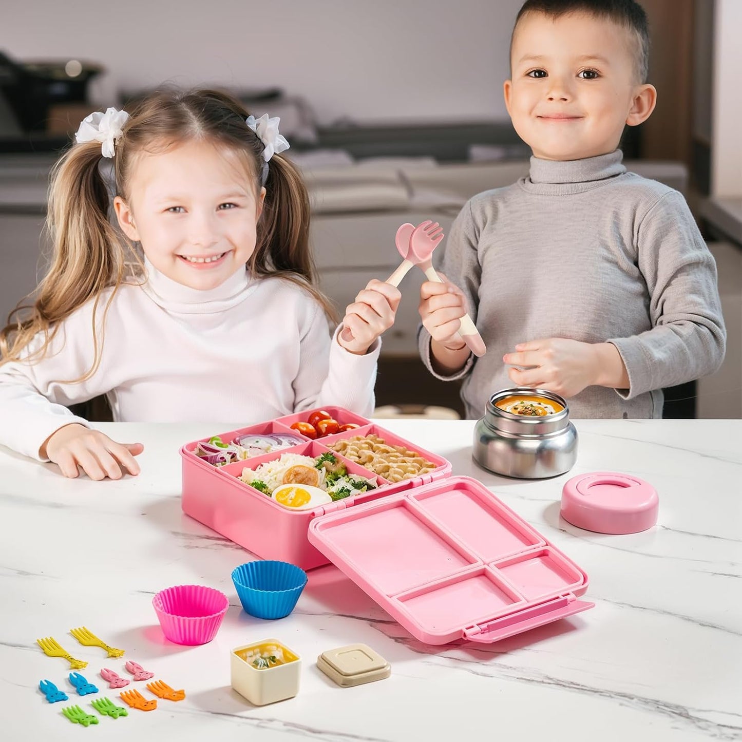 JSLOVE Bento Lunch Box with Leak Proof Thermos Food Jar for Kids, Food Lunch Containers for Boys with 4 Compartments, BPA-Free with Utensils, Food Picks, Sauce Jar & Silicone Lunch Box Dividers