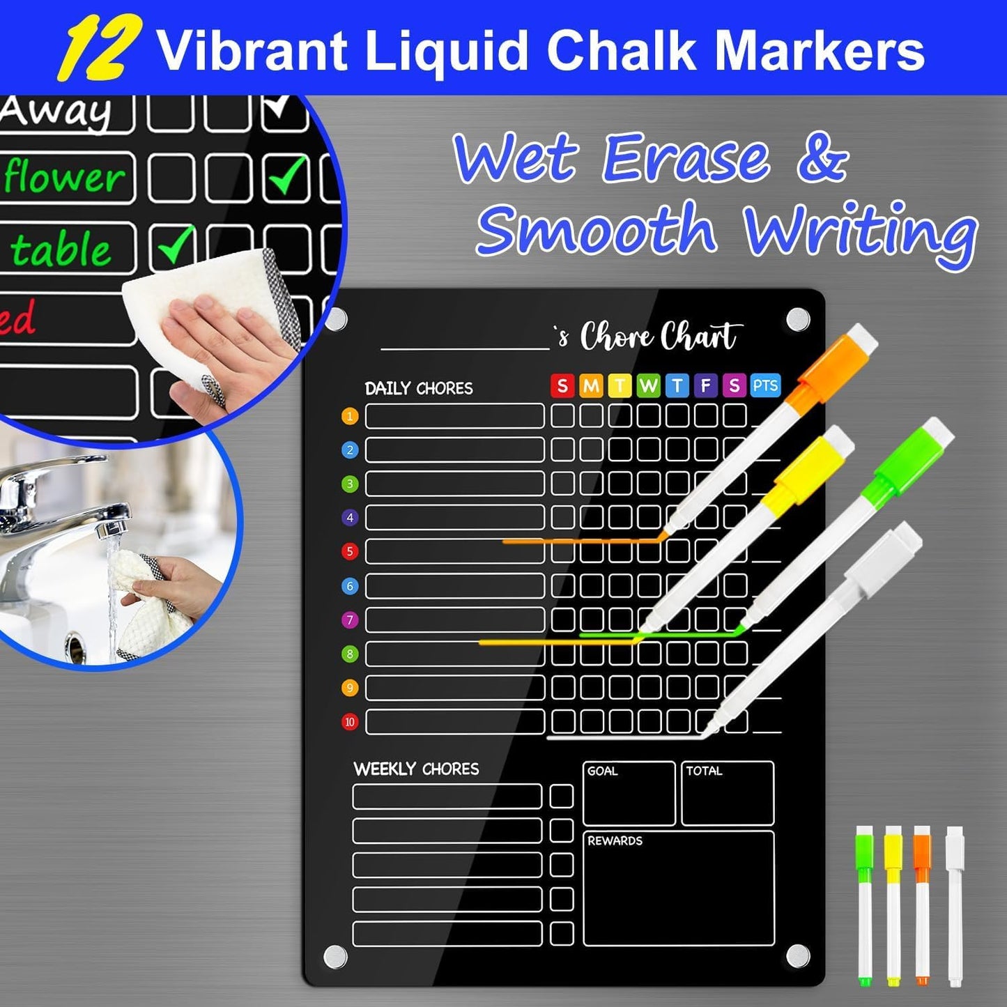 PigPotParty 2-in-1 Acrylic Magnetic Chore Chart for 2 Kids, Couples, Roommates, 15"x11" Large Dry Erase Chore Board for Fridge, Clear Weekly & Daily Reward Chart, Includes 12 Markers & Towel