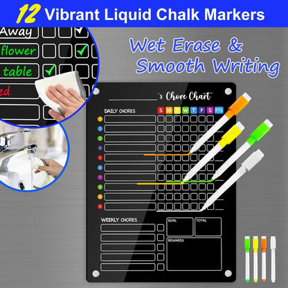 PigPotParty 2-in-1 Acrylic Magnetic Chore Chart for 2 Kids, Couples, Roommates, 15"x11" Large Dry Erase Chore Board for Fridge, Clear Weekly & Daily Reward Chart, Includes 12 Markers & Towel