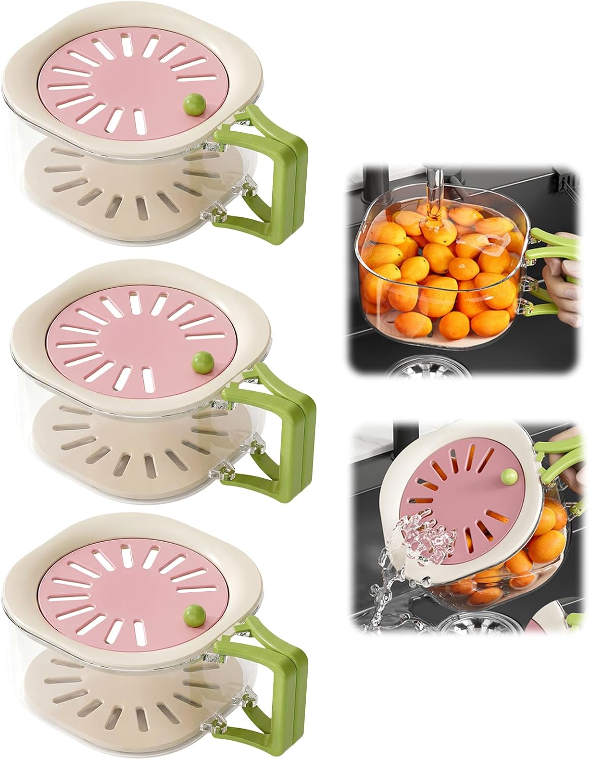 3 PCS Fruit Washing Bowl with Strainer, Multifunctional Berry Washing Basket, Fruit Vegetable Washer Spinne Container with Lid for Kitchen Fridge Picnic & Camping