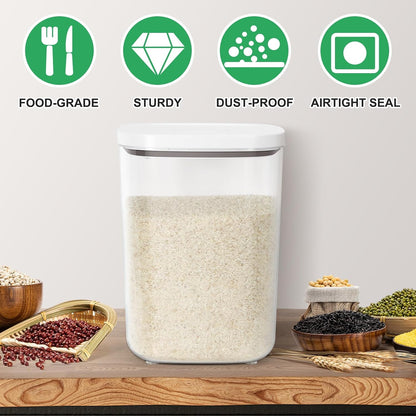 TBMax Large Airtight Food Container 5.28 Qt with Pop Up Lid & Measuring Cup, Ideal for 10 Lbs of Rice or 7 Lbs of Flour, Square Short Food Storage Bin for Kitchen Pantry and Drawer Organization