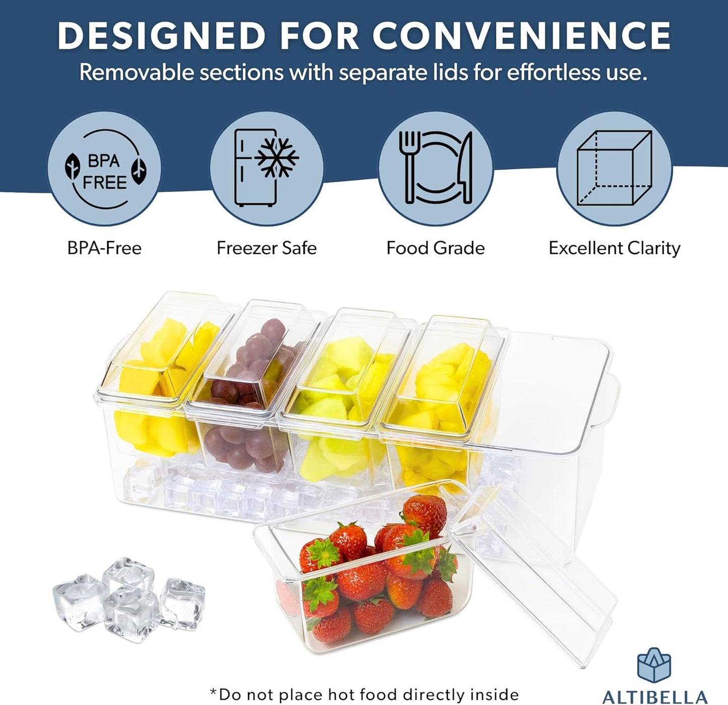 Ice Chilled Serving Trays for Party – 5Pcs Serving Dishes Condiment Cups with Lids Include Spill and Condensation Mat, Serving Utensils – Large Ice Tray and Convenient Draining Hole