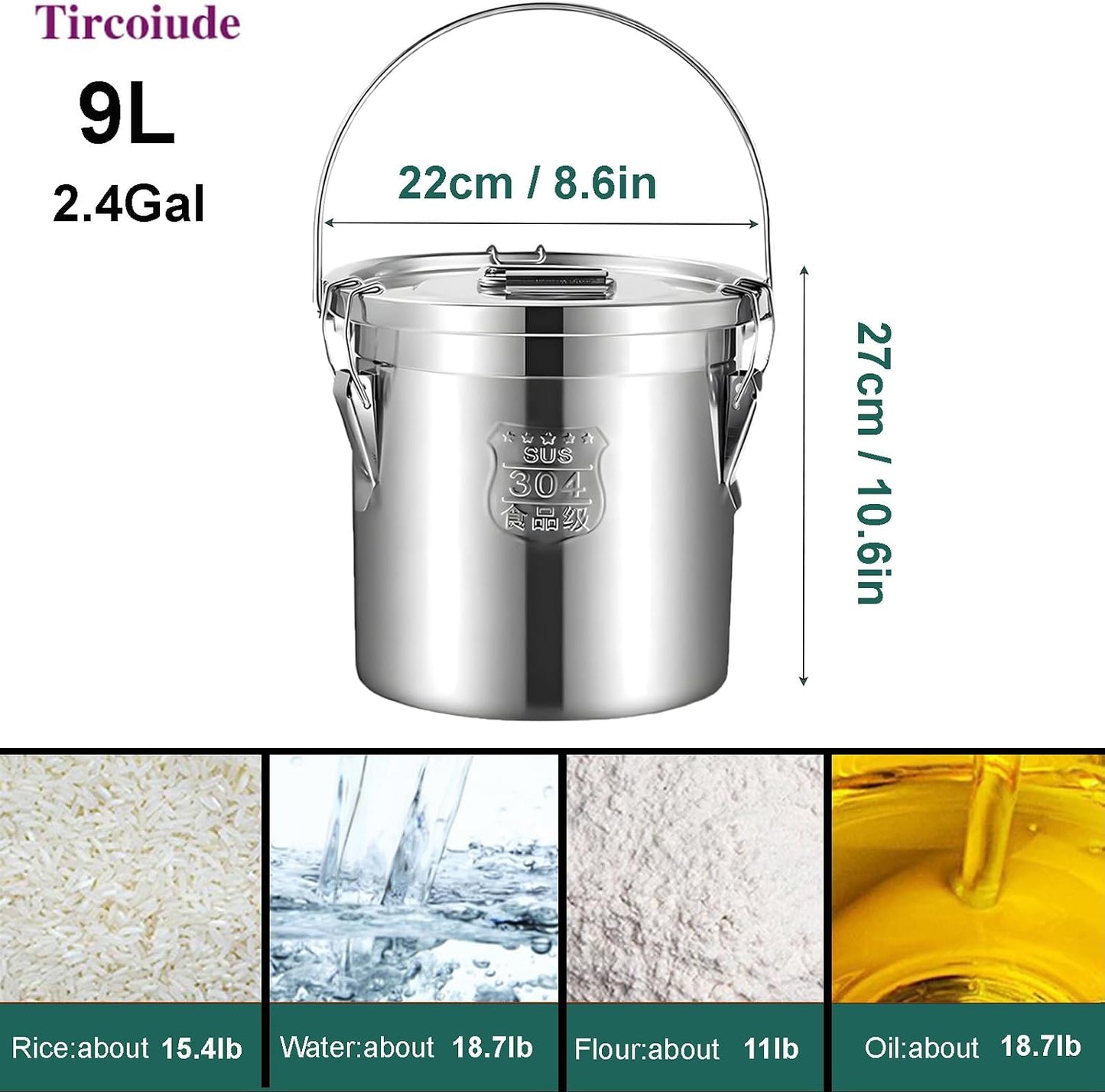 3.2Gal 304 Stainless Steel Kitchen Airtight Canister, 405oz Flour Container with Lid and Locking Clamp,10-21Lbs Metal Bucket Food Storage Container for Rice Flour Grain Coffee Bean(12L)