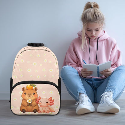 Cute Capybara Pizza Backpack for Girls, 5 Pcs Boys School Bag Set for Kids, 17 Inch Backpacks Lunch Pencil Box Reusable Utensils Case Set for Middle Elementary School, 3rd Grade Backpack