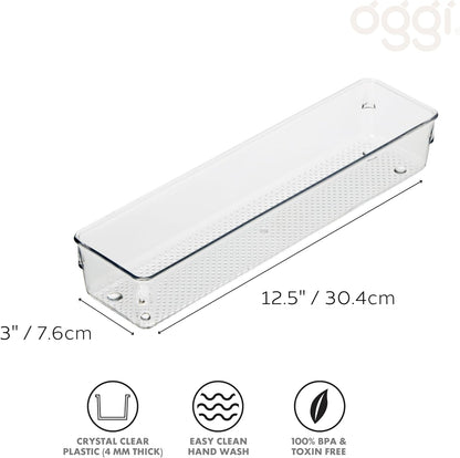 Oggi Clear Drawer Organizer - 3" X 12.5" - Ideal for Organizing Kitchen Drawers, Office, Desk, Silverware, Kitchen Utensils, Cosmetics and Bathrooms
