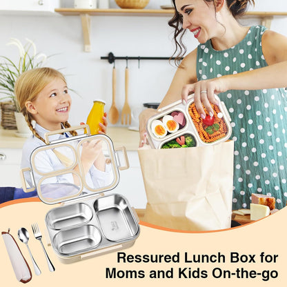 25oz 18/8 Stainless Steel Lunch Box Kit (Bento Box + Fork/Spoon) - 3 Leakproof Compartments - Metal Snack Box for Kids & Adults - School/Office/Travel - Dishwasher Safe (Beige)