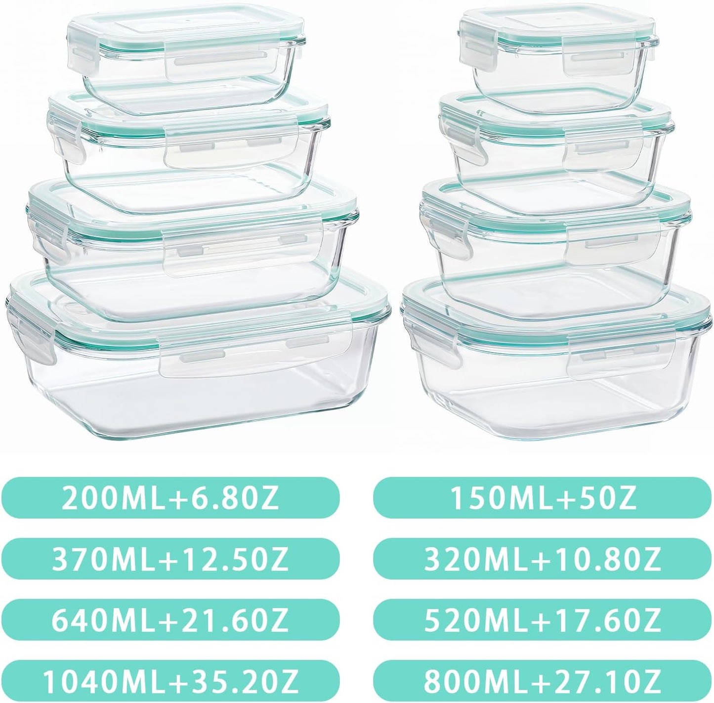8 Pack Glass Meal Prep Containers with Lids, Glass Food Storage Containers with Snap Locking Lids, Airtight Lunch Containers for Microwave, Oven, Freezer and Dishwasher BPA Free (Green)
