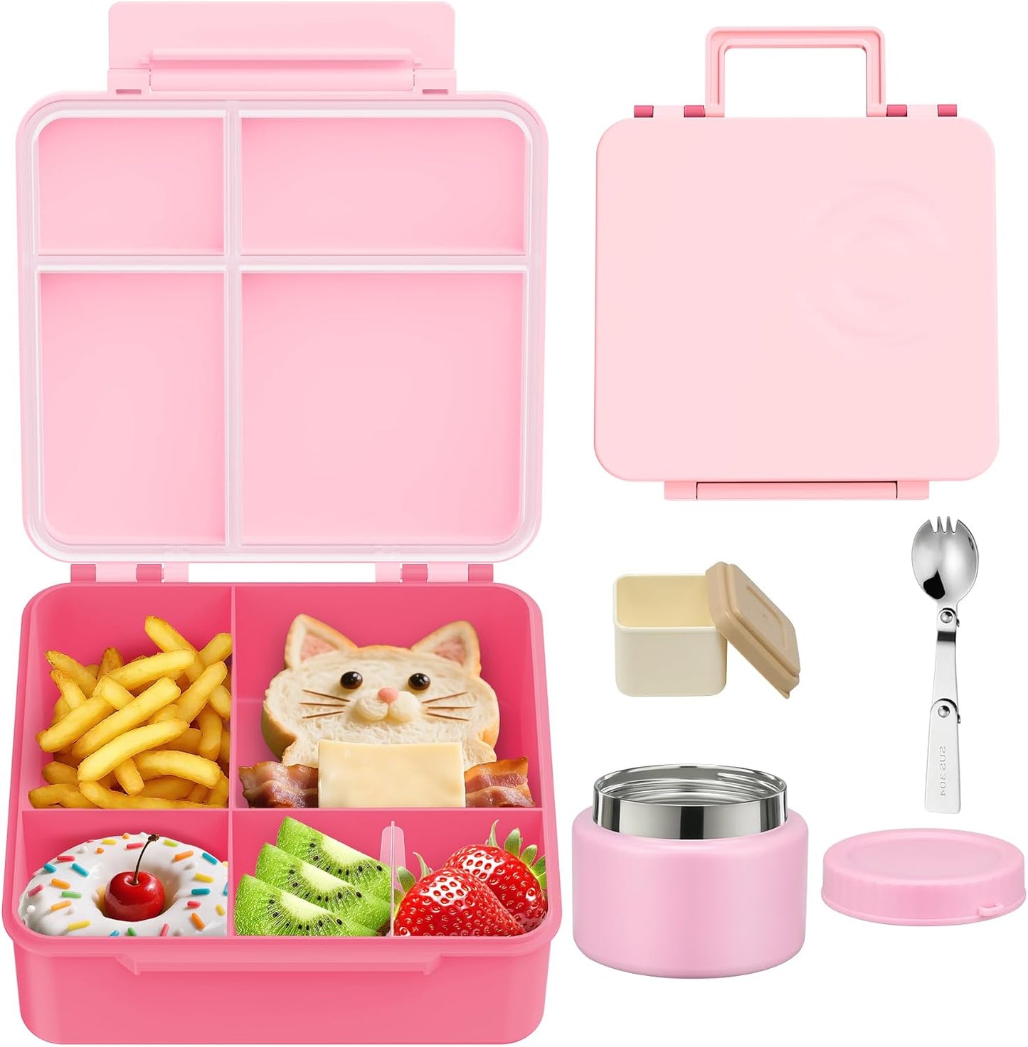 Lunch Box Kids with 5 Compartments, Insulated Food Jar & Utensils, Leak Proof Bento Box with Sauce Container, BPA-Free & Dishwasher Safe, Dinosaur Design(Purple)