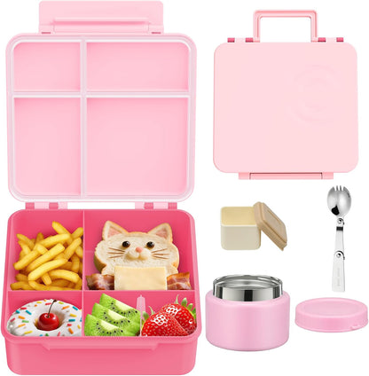 Lunch Box Kids with 5 Compartments, Insulated Food Jar & Utensils, Leak Proof Bento Box with Sauce Container, BPA-Free & Dishwasher Safe, Dinosaur Design(Purple)