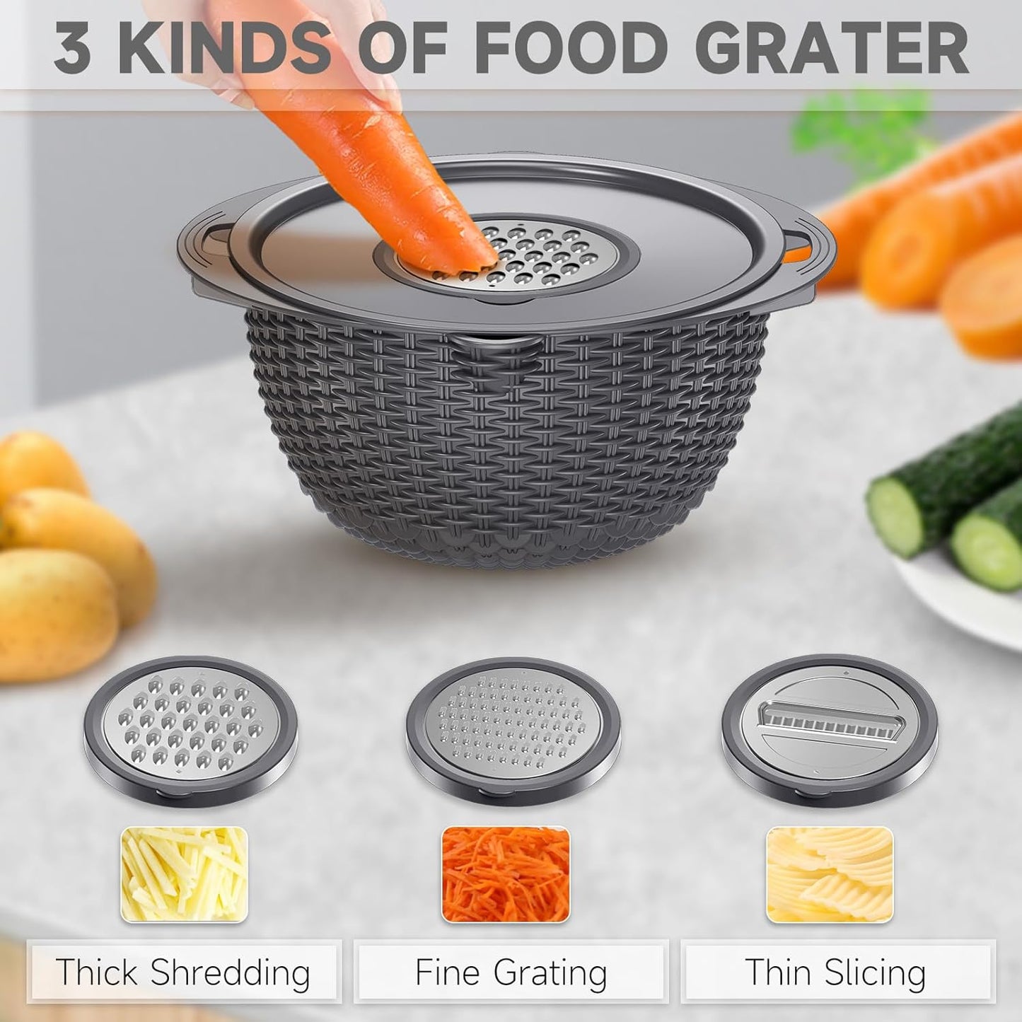 4-1 Colander with Bowl & Spoons Set - Rotatable Colander for kitchen with New Upgraded Graters, Food Strainer(Patented) for Pasta, Fruits, Vegetables, Funny Presents for Women, Beige
