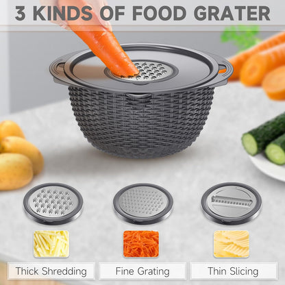4-1 Colander with Bowl & Spoons Set - Rotatable Colander for kitchen with New Upgraded Graters, Food Strainer(Patented) for Pasta, Fruits, Vegetables, Funny Presents for Women, Beige