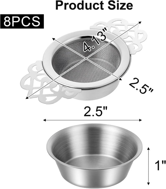 8 Pack Mesh Tea Filter Strainers, Stainless Metal Tea Infuser, Teas Steeper with Handle and Drip Bowl for Loose Teas, Sliver, 2.5 Inch