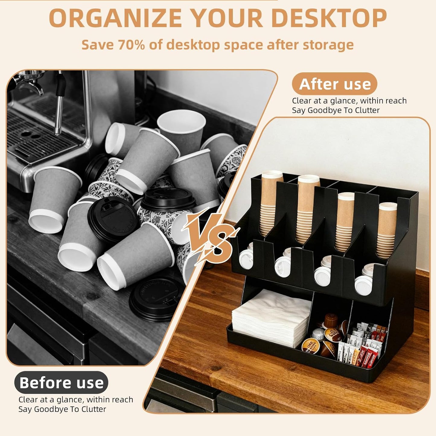 Commercial Cup and Lid Holder with Straw Organizer,Disposable Coffee Cup Condiment Dispenser for Countertop Org, Coffee Bar, Beverage Cup, Kitchen, Breakroom (11 Compartment Upright)