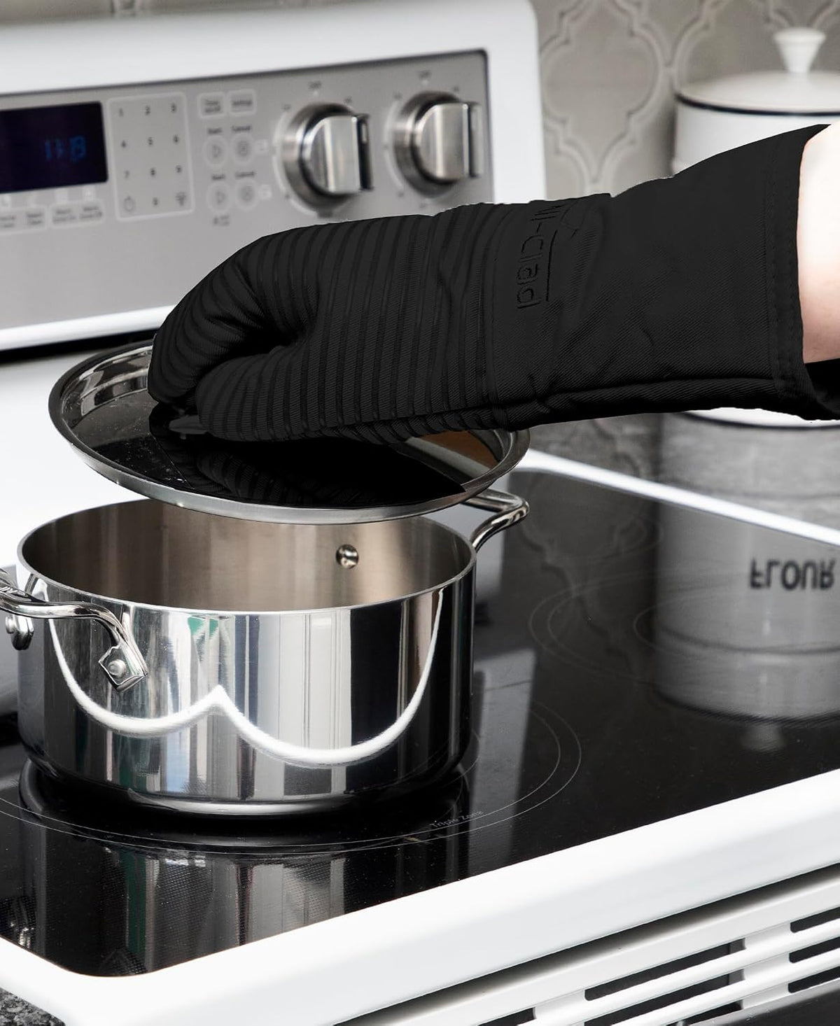 All-Clad Silicone Oven Mitts: Heat Resistant up to 500 Degrees - 100% Cotton & Silicone, 14"x7" Oven Mitt for Kitchen and Barbeque, Pewter