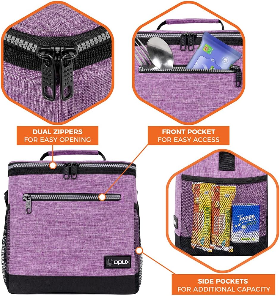 opux Insulated Lunch Box Men Women, Lunch Bag for Work School, Leakproof Soft Cooler Tote Adult, Large Lunch Pail Kids Boys Girls, Picnic Beach Food Bag with Shoulder Strap, Purple Floral