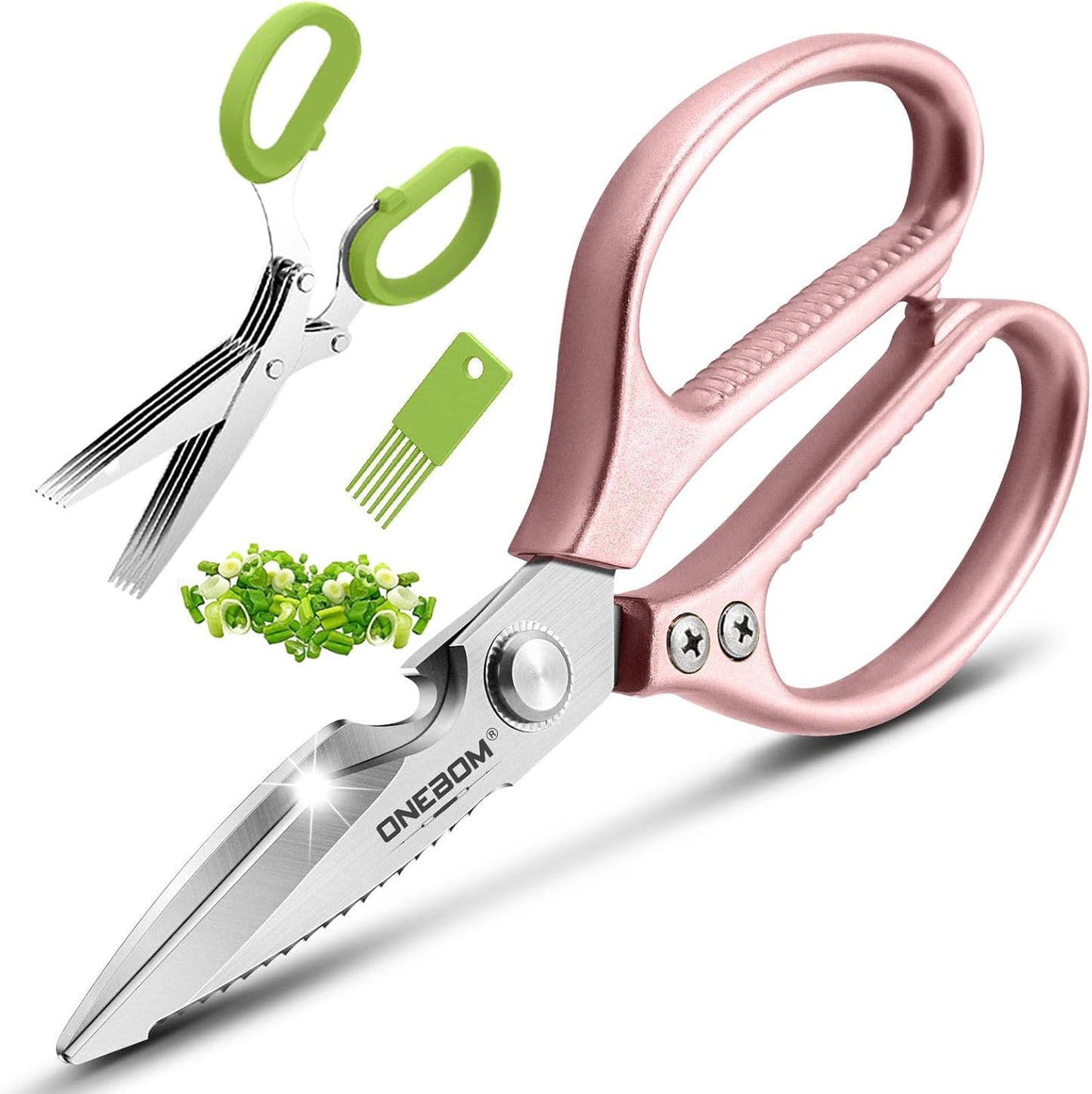 ONEBOM Kitchen Shears 2 Pack,Multi-Function Kitchen Scissors Heavy Duty Sharp 304 Stainless Steel, Apartment Kitchen Accessories Cooking Shears for Chicken,Meat,Fish,Poultry(Sliver)