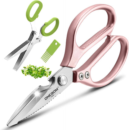 ONEBOM Kitchen Shears 2 Pack,Multi-Function Kitchen Scissors Heavy Duty Sharp 304 Stainless Steel, Apartment Kitchen Accessories Cooking Shears for Chicken,Meat,Fish,Poultry(Sliver)