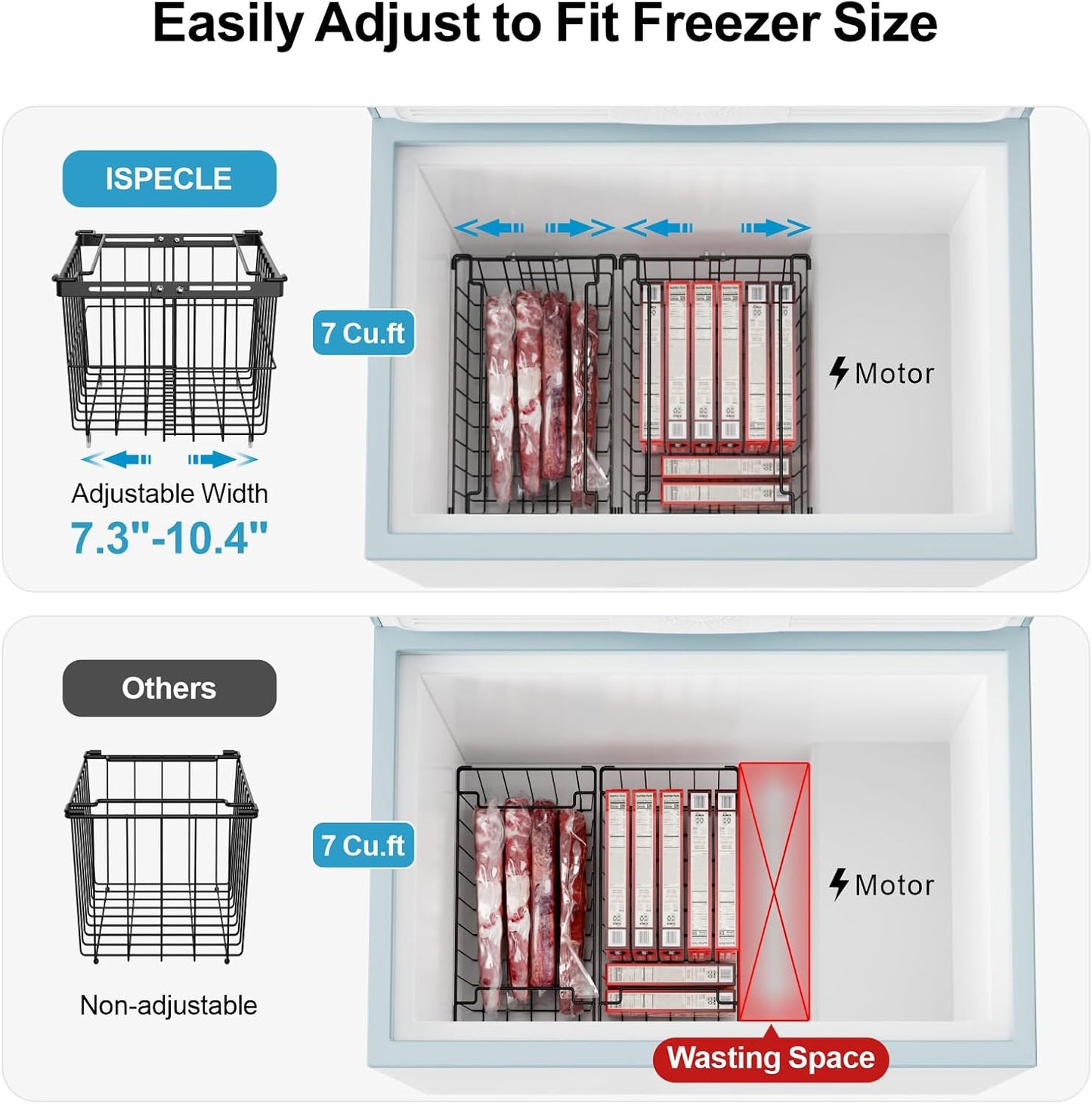 iSPECLE Freezer Organizer Bins - 3 Pack Adjustable Width for 5 to 7 Cu.Ft Chest Freezers, Stackable Freezer Wire Storage Baskets for Deep Freezer Organization, Assembly Required, White