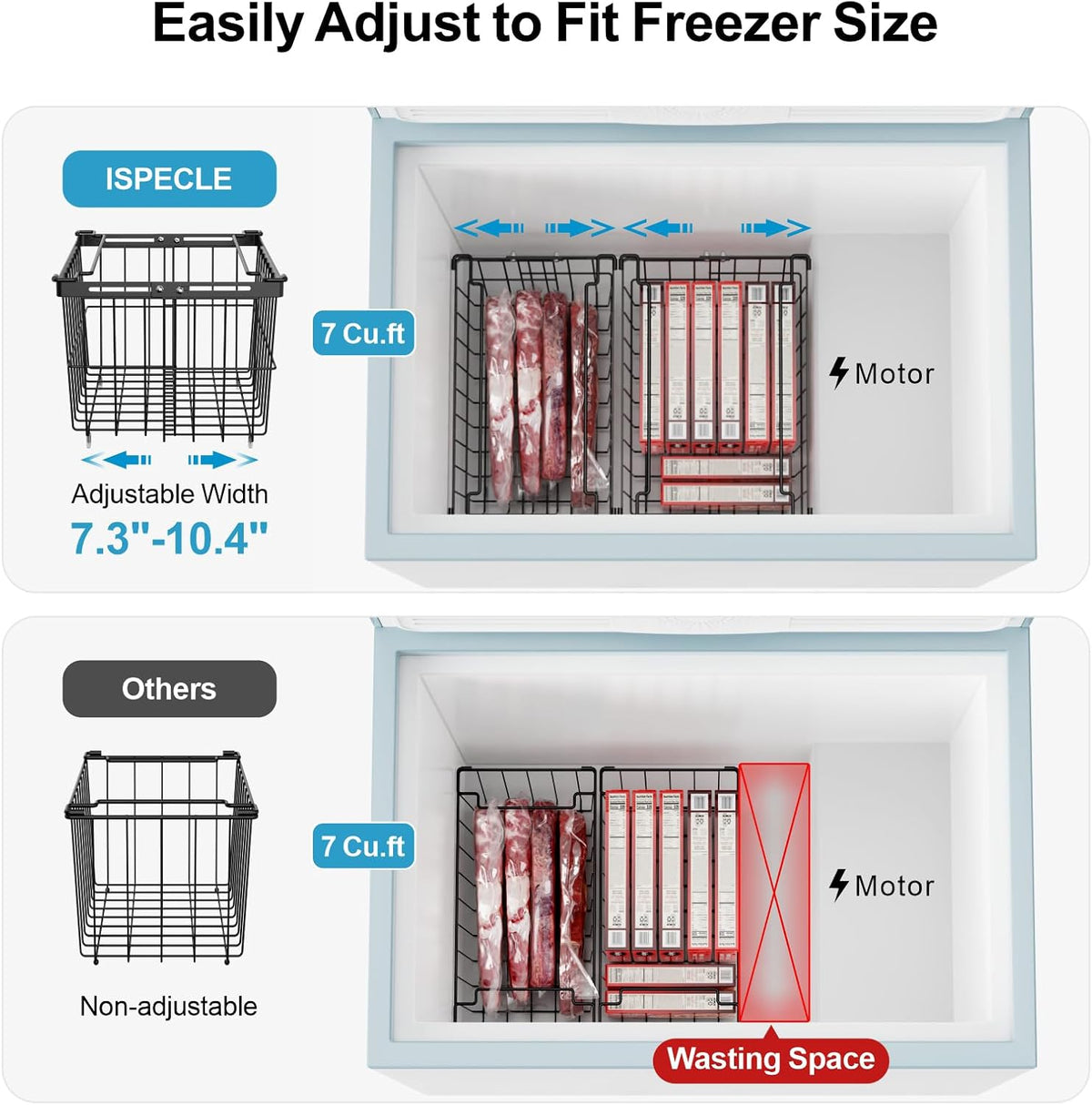 iSPECLE Chest Freezer Organizer - Adjustable Width & Extra Depth, 3 Pack | For 5-7 Cu Ft Chest Freezers, Stackable Large Freezer Organizer Bins, Easy Food Access & Organization, No Wasted Space, White