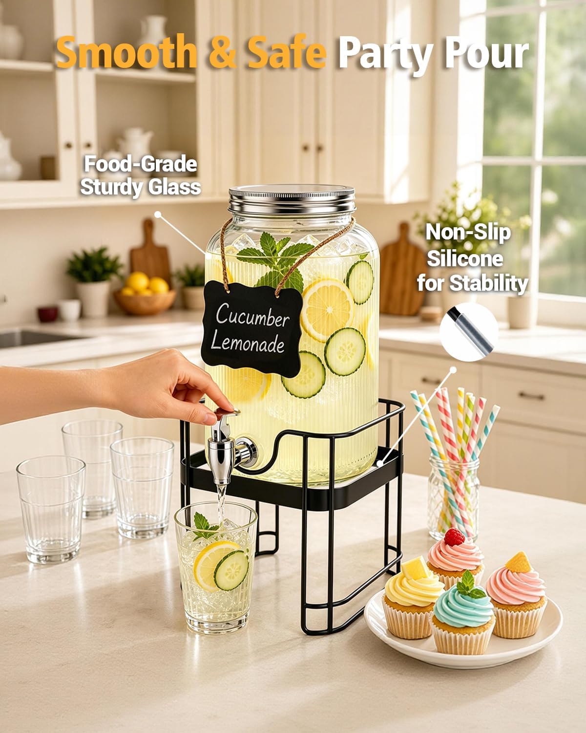 PAROTO Drink Dispensers for Parties, 2 Pack 1 Gallon Glass Beverage Dispenser with Stand and LED Strip Light, Lemonade Juice Water Dispenser with Spigot for Wedding Bar Picnic BBQ Buffet Event