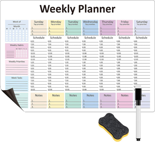 Weekly Hourly Planner Dry Erase Magnetic Whiteboard－Daily Weekly Weekly Planner and Hourly Schedule Checklist－Weekly To Do List Organize Your Daily Work Efficiently